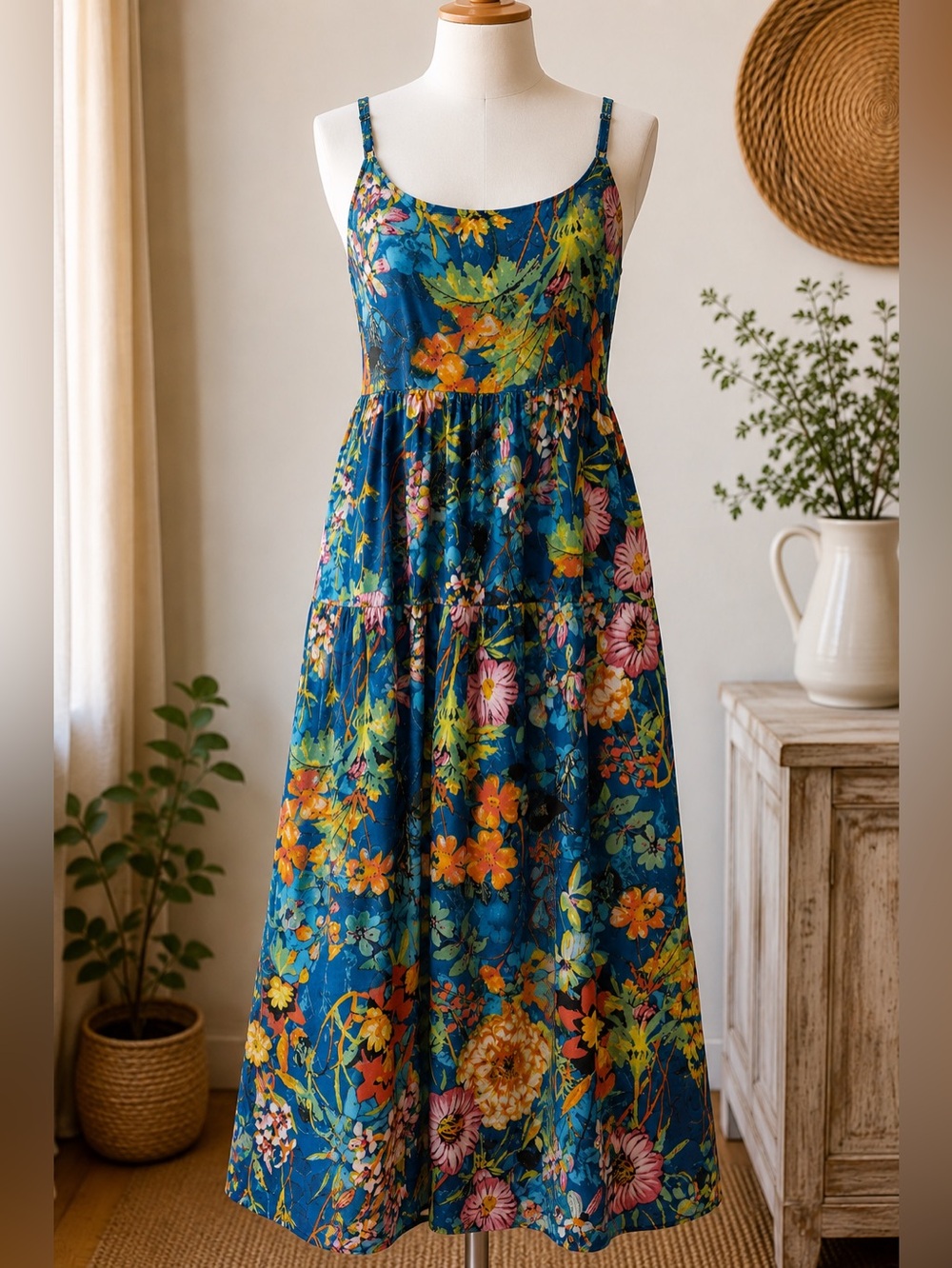 Floral Boho Tiered Midi Dress Blue Adjustable Strap Cottagecore Size M